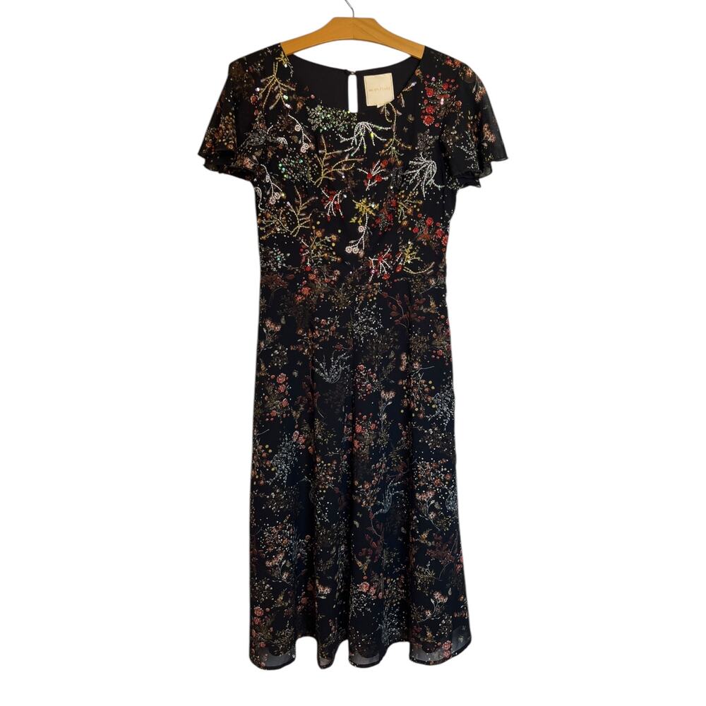 Modcloth Embellished to Perfection Black Floral Beaded Sequin A-Line Midi Dress